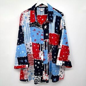 Patriotic American Flag USA Theme Stars & Stripes 3/4 Sleeve Shirt 1X 2X 3X